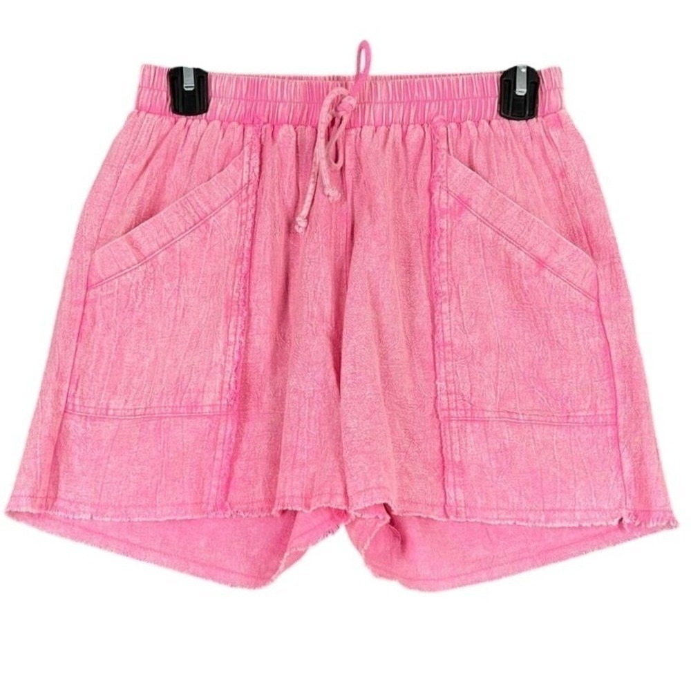 Umgee Pink Drawstring Shorts Womens S Elastic Waist Raw Hem Casual Summer Lounge